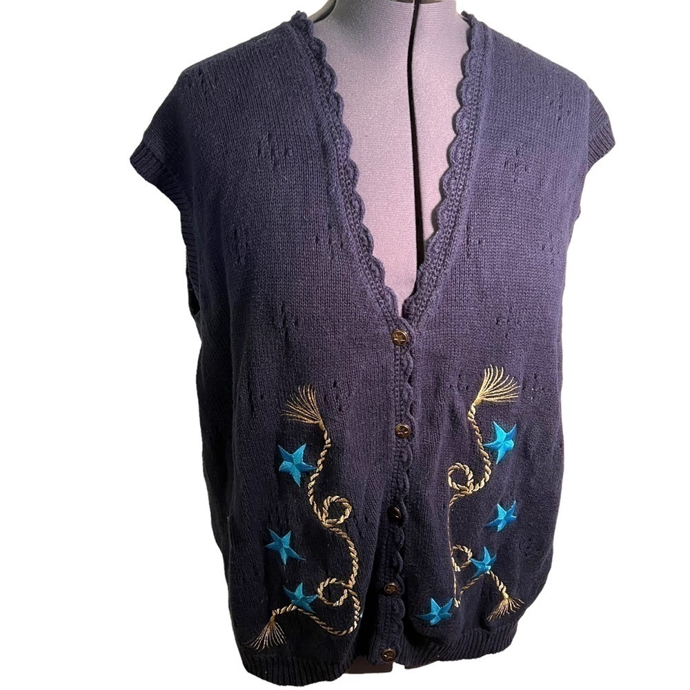 Vintage Koret Women's Plus Sz 3X Sweater Vest Navy Blue Star Gold Rope Embroider